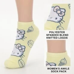 SANRIO Hello Kitty Characters AOP Scalloped Cuffs Womens Ankle Socks 5 Pack