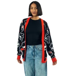 Hello Kitty & Friends Character Face Outlines Women's Black Long Sleeve Grandma Cardigan