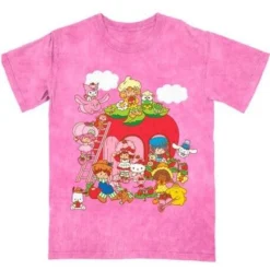 SANRIO Hello Kitty X Strawberry Shortcake Strawberry House Women’s Pink Mineral Wash Crew Neck Short Sleeve T-shirt