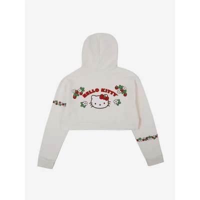 Hello Kitty Strawberries Puff Print Long Sleeve Zip Up Women's White Cropped Hoodie 1 Hello Kitty Strawberries Puff Print Long Sleeve Zip Up Women's White Cropped Hoodie