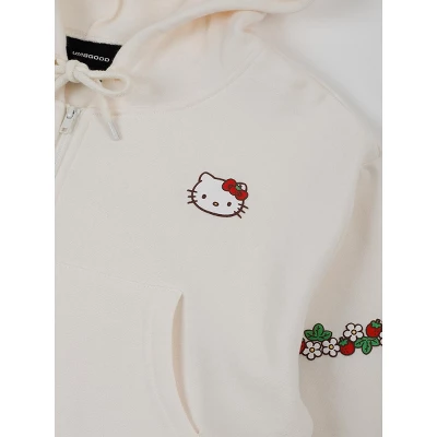 Hello Kitty Strawberries Puff Print Long Sleeve Zip Up Women's White Cropped Hoodie 2 Hello Kitty Strawberries Puff Print Long Sleeve Zip Up Women's White Cropped Hoodie - Image 2