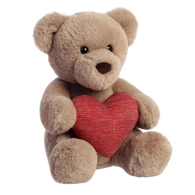 Aurora Valentines 9.5" Tuffy Taupe Bear With Heart Stuffed Animal 1 Aurora Valentines 9.5" Tuffy Taupe Bear With Heart Stuffed Animal