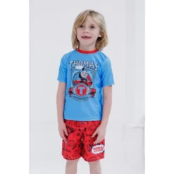 Thomas & Friends Toddler Boys UPF 50+ Rash Guard And Swim Trunks Outfit Set Bright Blue / Red 5T