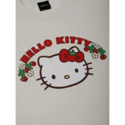 Hello Kitty Strawberries Puff Print Crew Neck Short Sleeve White Unisex Adult T-shirt