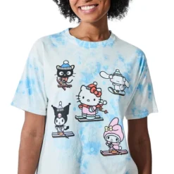 Hello Kitty & Friends Characters Skiing Women's Blue Cloud Wash Crew Neck Short Sleeve T-shirt
