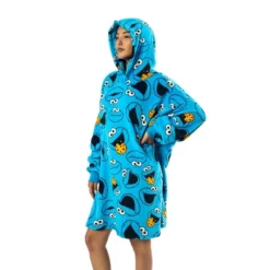 Sesame Street Cookie Monster All-Over Print Blue Long Sleeve Oversized Hoodie Wearable Blanket-OSFA