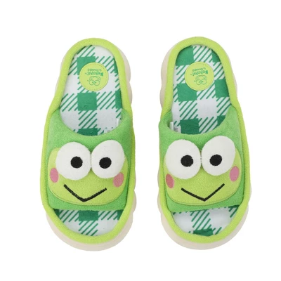 Keroppi 3D Character Face Art Women's Green & White Plaid Open-Toed Slide Slippers 1 Keroppi 3D Character Face Art Women's Green & White Plaid Open-Toed Slide Slippers
