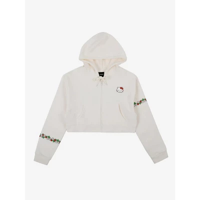 Hello Kitty Strawberries Puff Print Long Sleeve Zip Up Women's White Cropped Hoodie 4 Hello Kitty Strawberries Puff Print Long Sleeve Zip Up Women's White Cropped Hoodie - Image 4