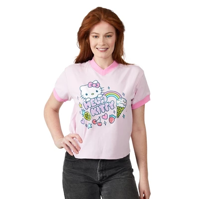 Hello Kitty Rainbow Hearts Stars & Sweet Treats V-Neck Short Sleeve Cradle Pink Women's T-shirt 1 Hello Kitty Rainbow Hearts Stars & Sweet Treats V-Neck Short Sleeve Cradle Pink Women's T-shirt