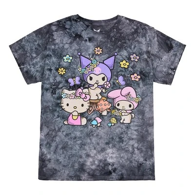 SANRIO Kuromi, My Melody And Hello Kitty Puff Print Mushroom Scene Women's Black Cloud Wash Crew Neck Short Sleeve T-shirt 3 SANRIO Kuromi, My Melody And Hello Kitty Puff Print Mushroom Scene Women's Black Cloud Wash Crew Neck Short Sleeve T-shirt - Image 3
