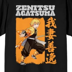 Demon Slayer Zenitsu Agatsuma Crew Neck Short Sleeve Men's Black T-shirt