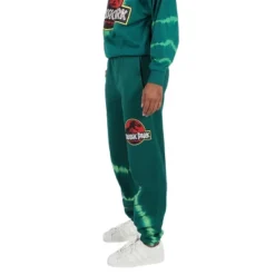 Jurassic Park Puff Print Logo & Velociraptors Adult Green Tie-Dye Sweatpants
