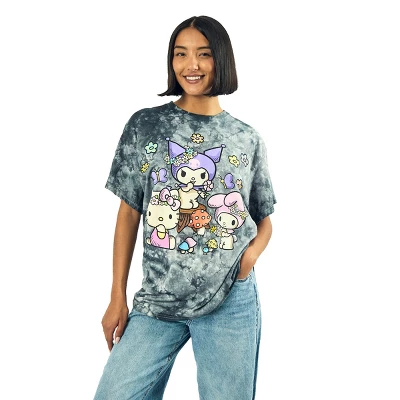 SANRIO Kuromi, My Melody And Hello Kitty Puff Print Mushroom Scene Women's Black Cloud Wash Crew Neck Short Sleeve T-shirt 1 SANRIO Kuromi, My Melody And Hello Kitty Puff Print Mushroom Scene Women's Black Cloud Wash Crew Neck Short Sleeve T-shirt