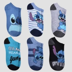 Women's Lilo And Stitch 6pk Low Cut Socks - Blue 4-10: Disney Knit Midweight, Machine Washable, Tumble Dry, Opaque, Stitch Design