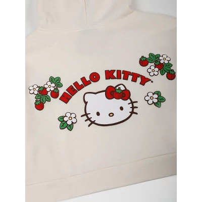 Hello Kitty Strawberries Puff Print Long Sleeve Zip Up Women's White Cropped Hoodie 3 Hello Kitty Strawberries Puff Print Long Sleeve Zip Up Women's White Cropped Hoodie - Image 3