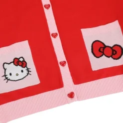 SANRIO Hello Kitty Character Face & Bow Women’s Red Long Sleeve Cardigan Sweater