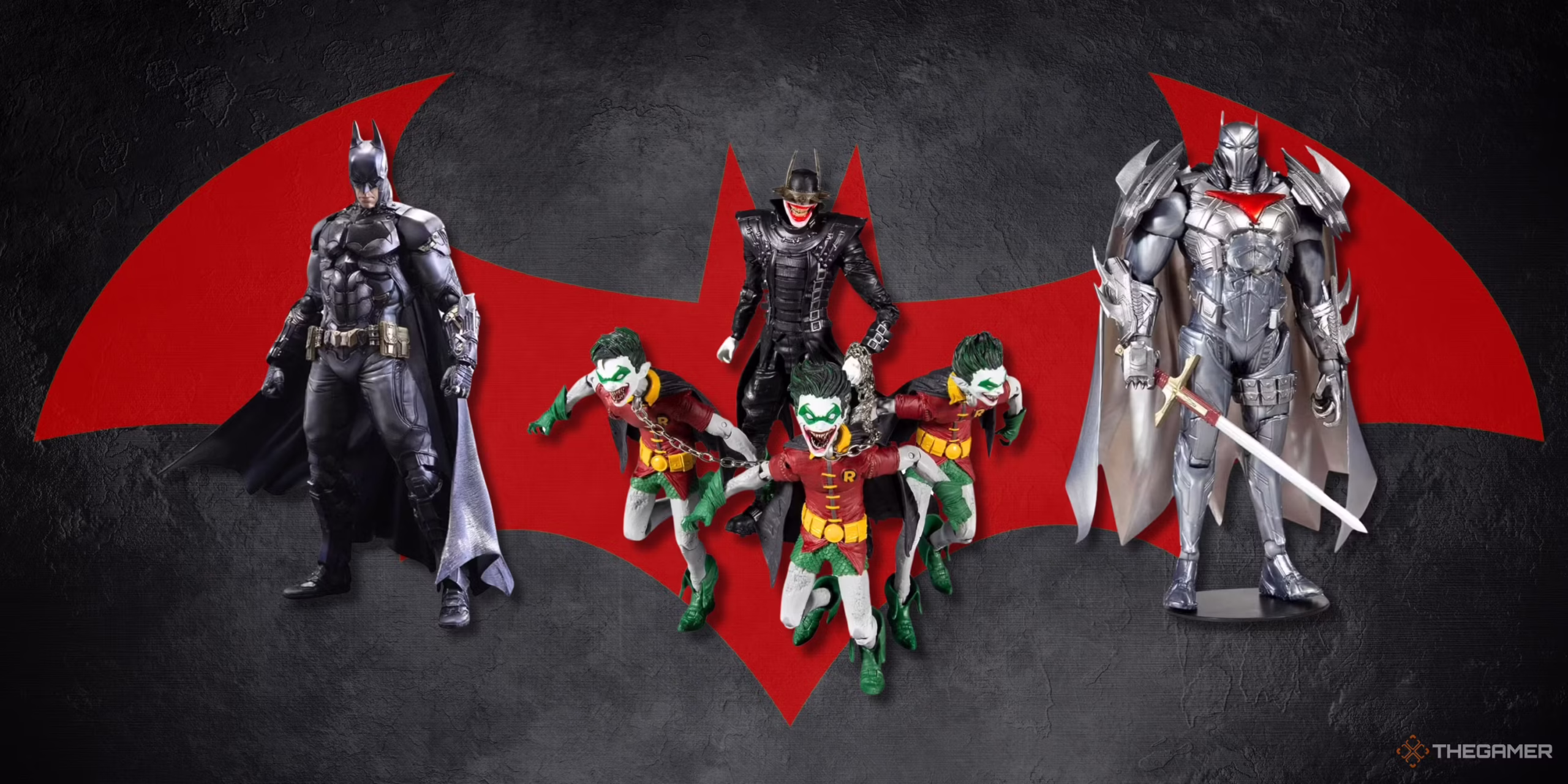 Toys Sale Store -Toys Sale Store three batman themed toys in front of a red batman logo scaled